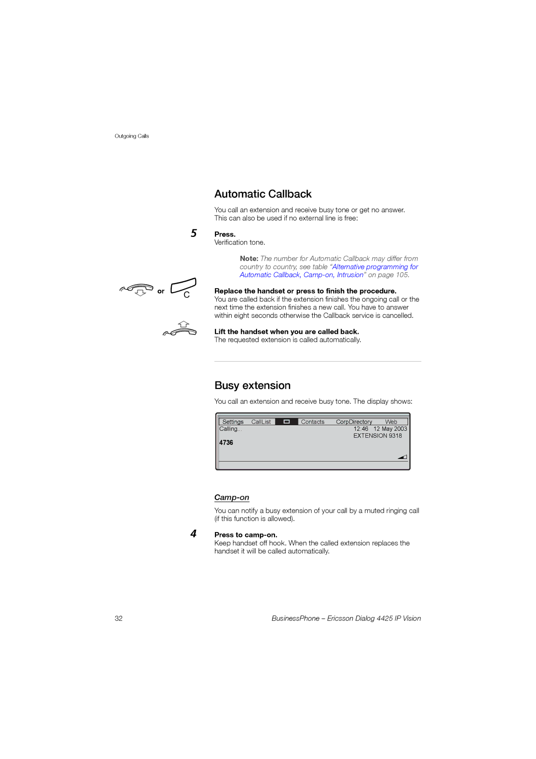 Ericsson Dialog 4425 manual Automatic Callback, Busy extension, Camp-on 