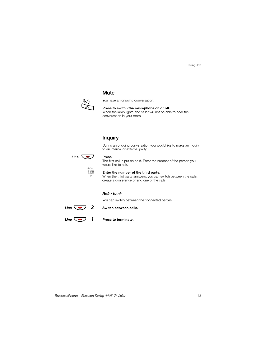 Ericsson Dialog 4425 manual Mute, Inquiry, Refer back 