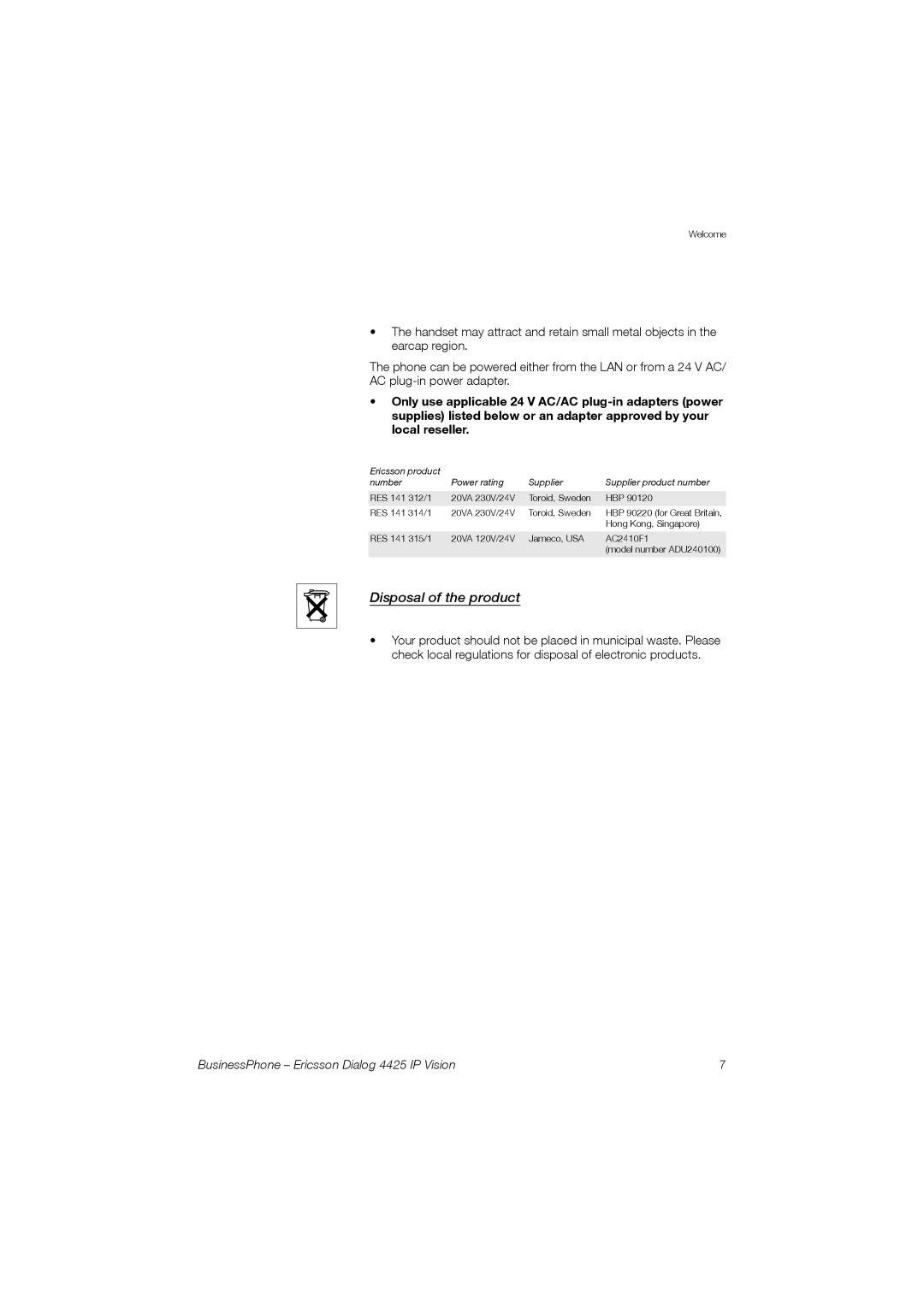 Ericsson Dialog 4425 manual Disposal of the product 