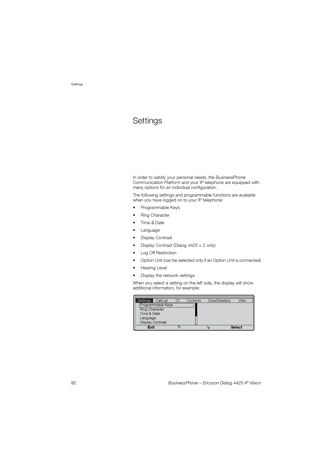 Ericsson Dialog 4425 manual Settings 