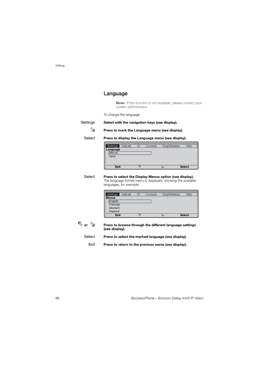 Ericsson Dialog 4425 manual Language 