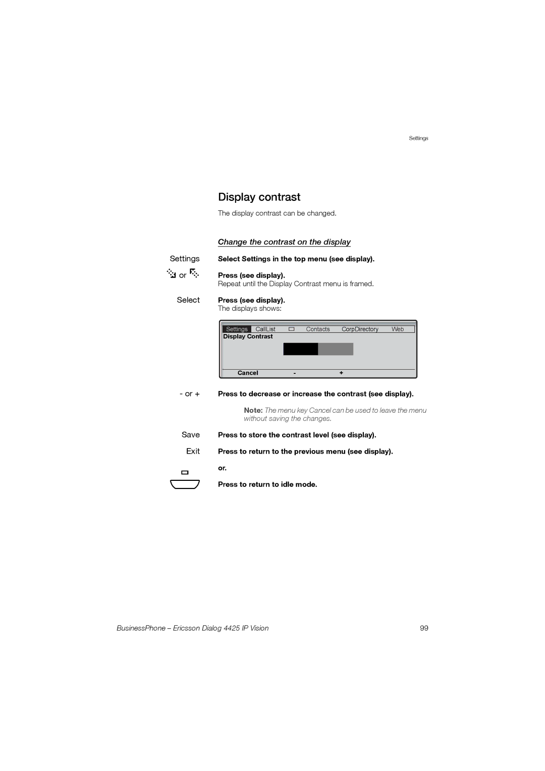 Ericsson Dialog 4425 manual Display contrast, Change the contrast on the display 