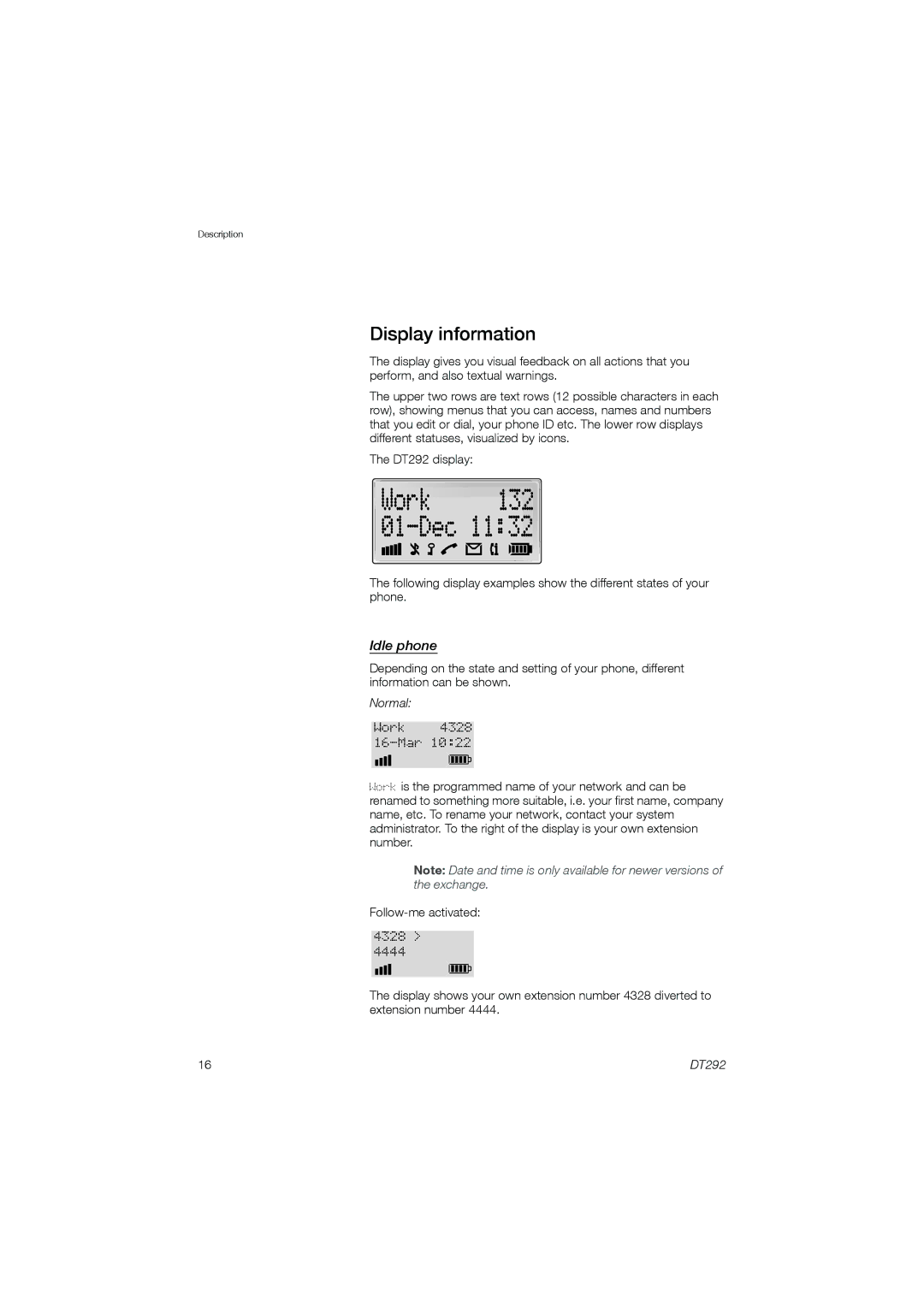 Ericsson DT292 manual Display information, Idle phone 