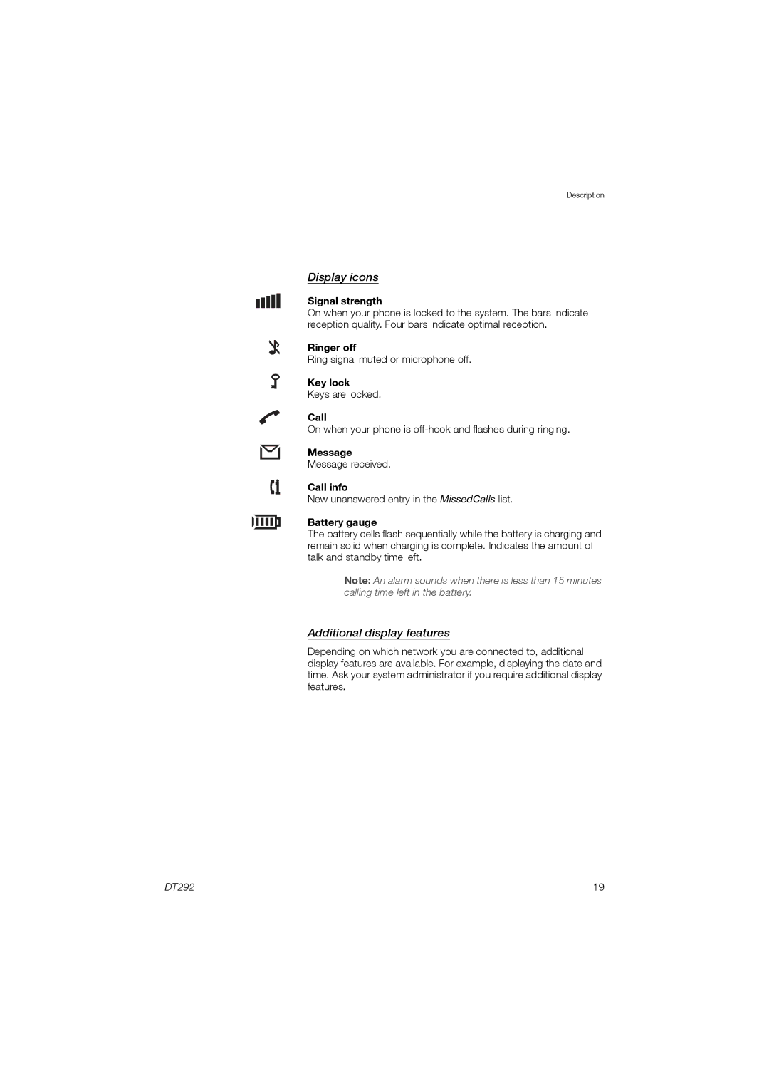 Ericsson DT292 manual Display icons, Additional display features 