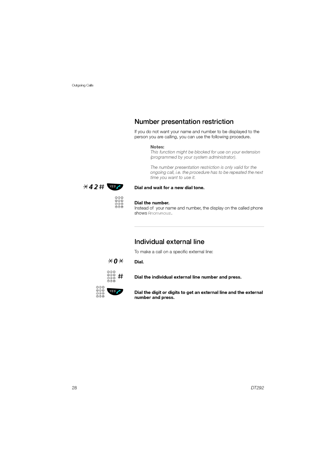 Ericsson DT292 manual Number presentation restriction, Individual external line 