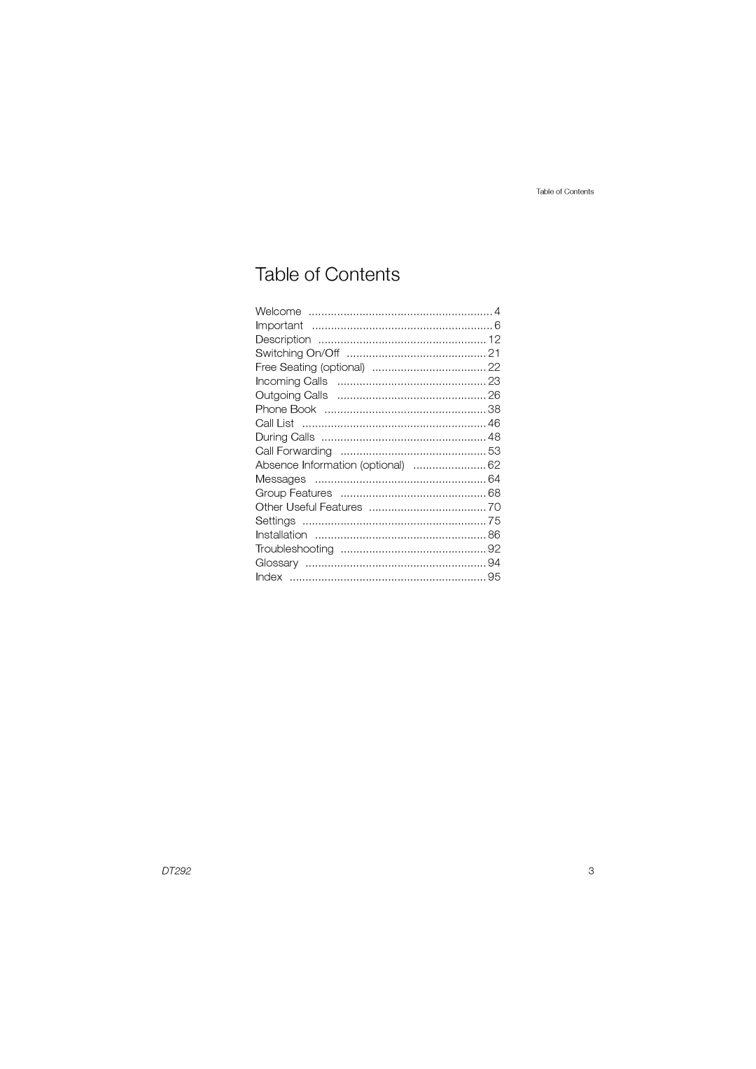 Ericsson DT292 manual Table of Contents 