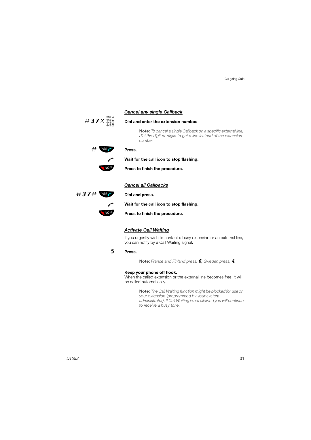 Ericsson DT292 manual #37* Z, Cancel any single Callback, Cancel all Callbacks, Activate Call Waiting 