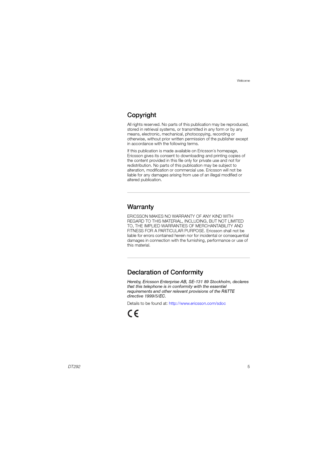 Ericsson DT292 manual Copyright, Warranty, Declaration of Conformity 