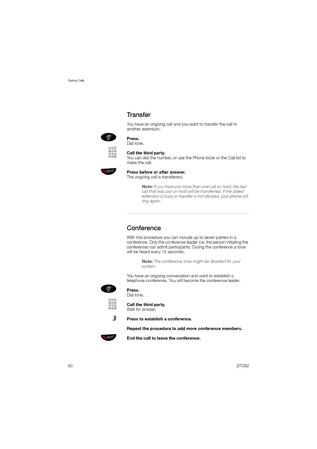 Ericsson DT292 manual Transfer, Conference, Call the third party, Press before or after answer 