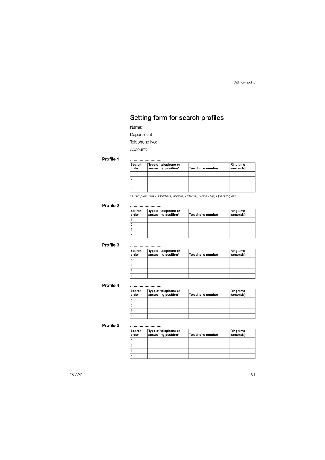 Ericsson DT292 manual Setting form for search profiles 