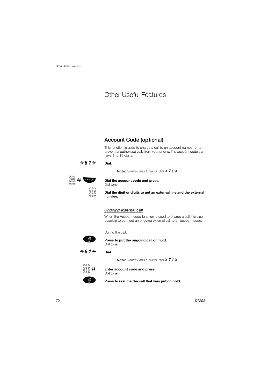 Ericsson DT292 manual Other Useful Features, Account Code optional, Ongoing external call 