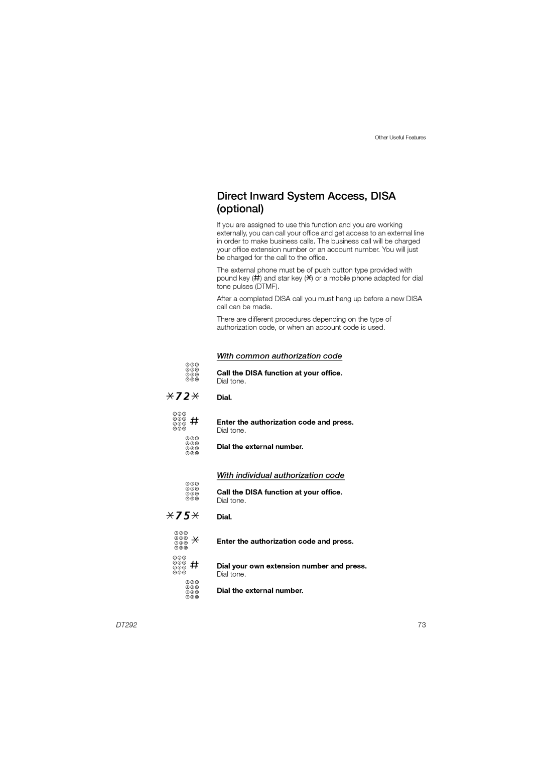 Ericsson DT292 manual Direct Inward System Access, Disa optional, With common authorization code, Dial the external number 