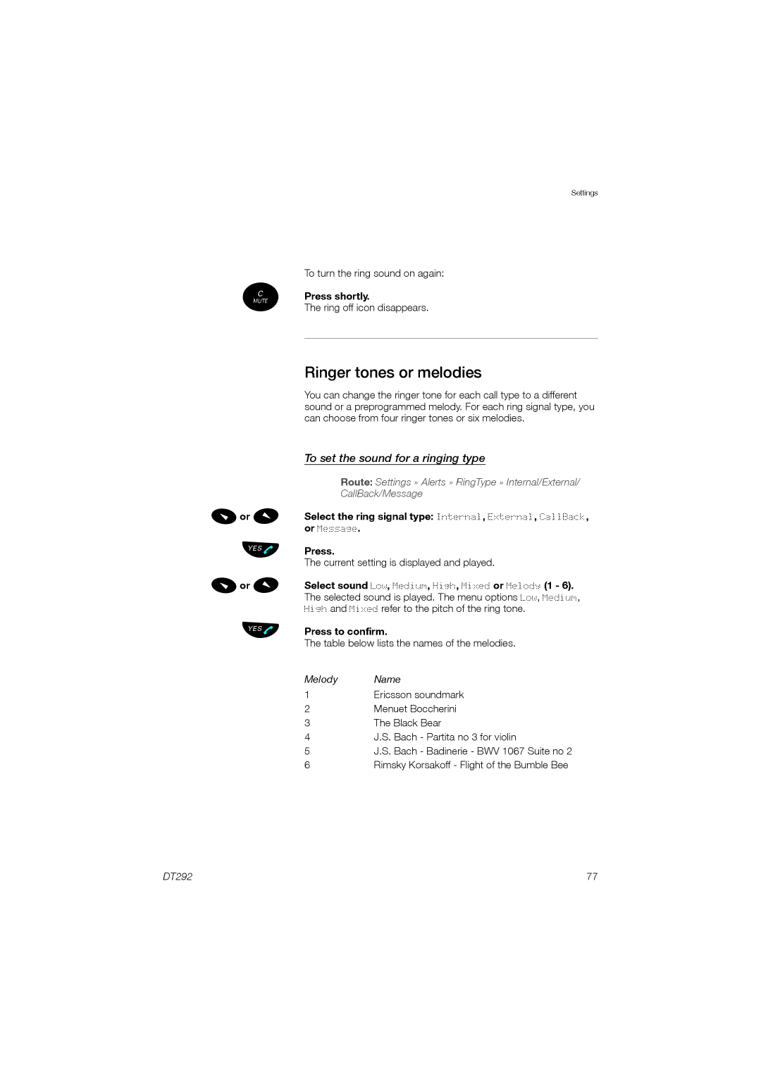 Ericsson DT292 manual Lor M ÜÛ Lor M ÜÛ, Ringer tones or melodies, To set the sound for a ringing type 