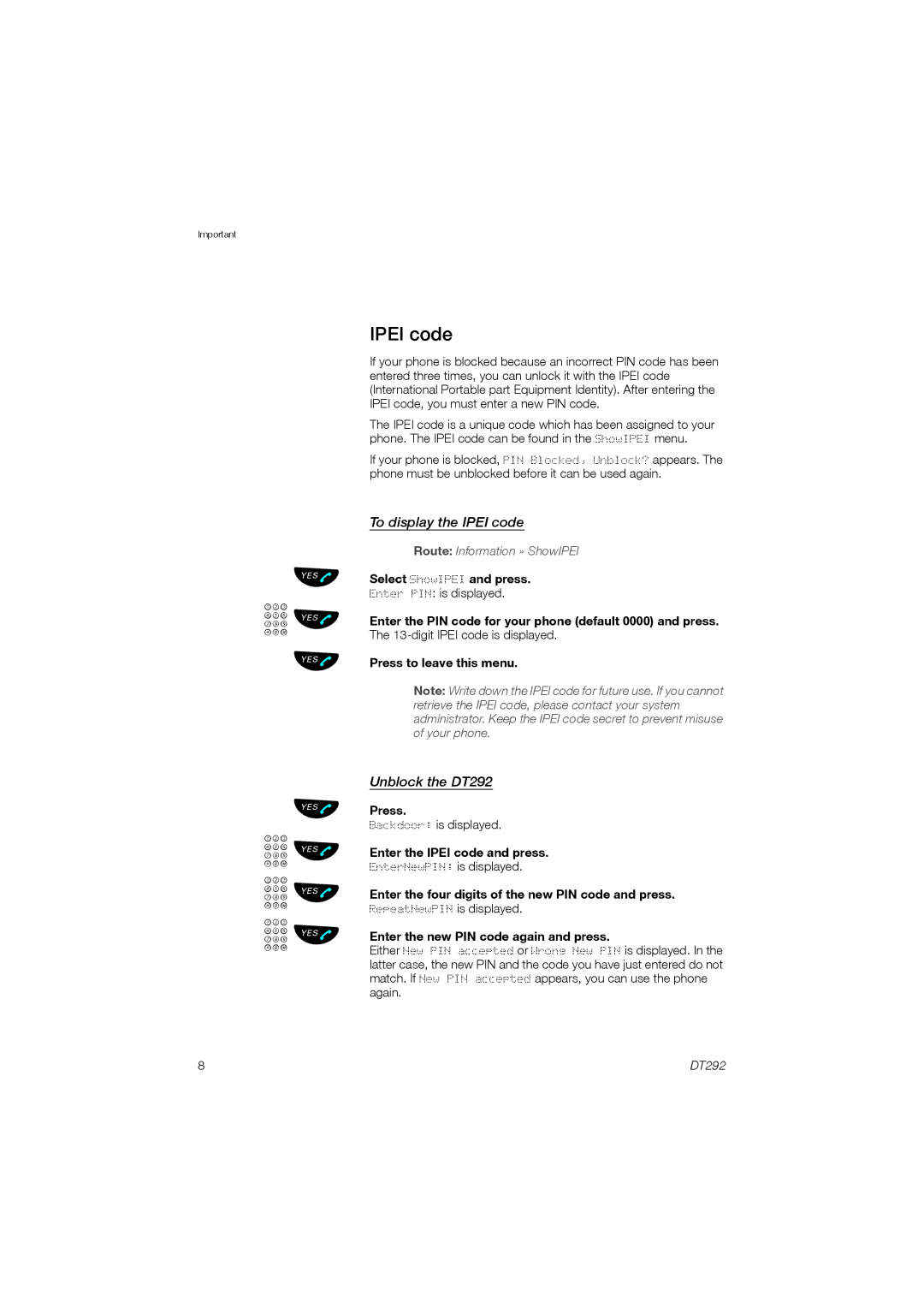 Ericsson manual To display the Ipei code, Unblock the DT292 