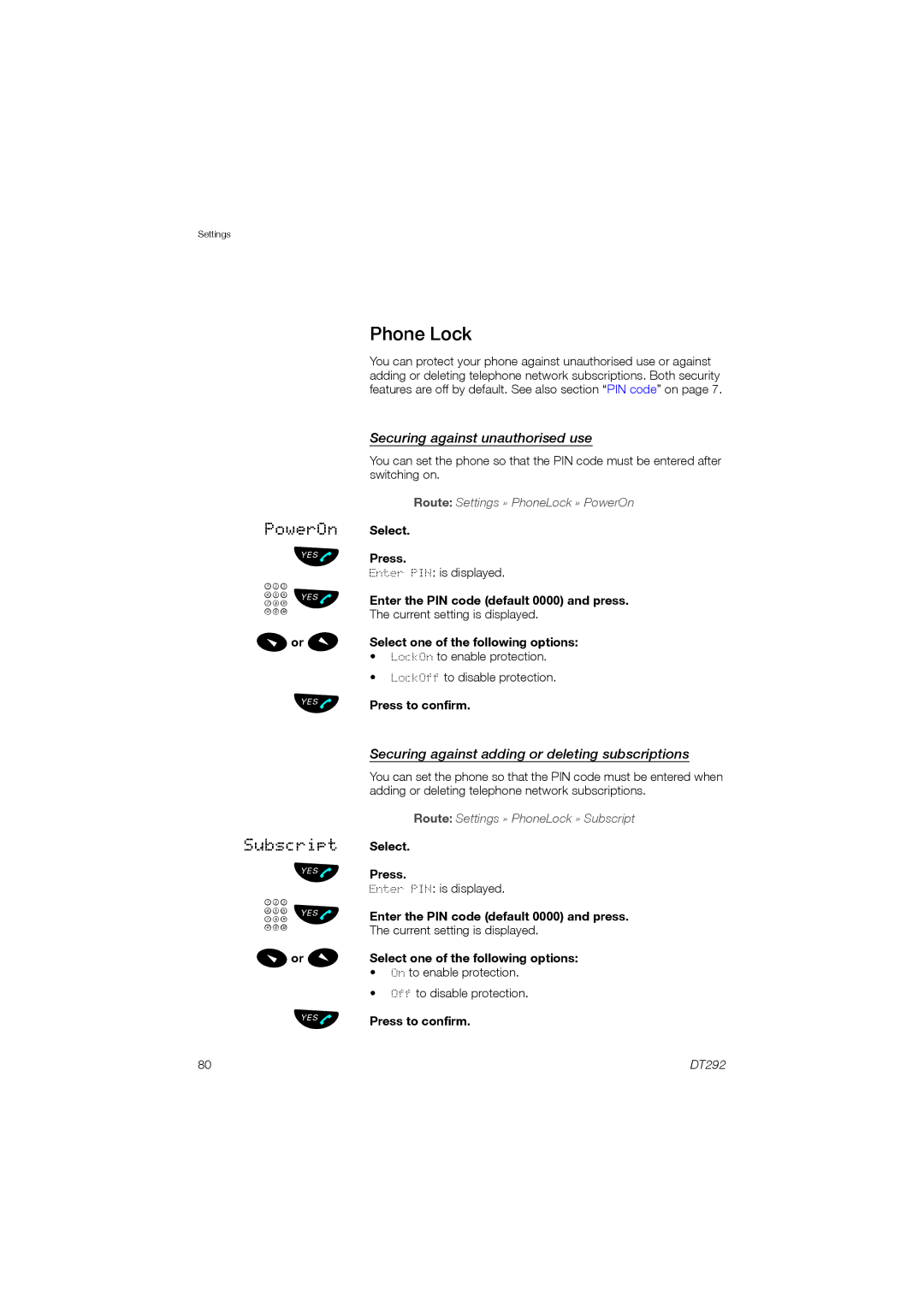 Ericsson DT292 manual Phone Lock, Securing against unauthorised use, Securing against adding or deleting subscriptions 