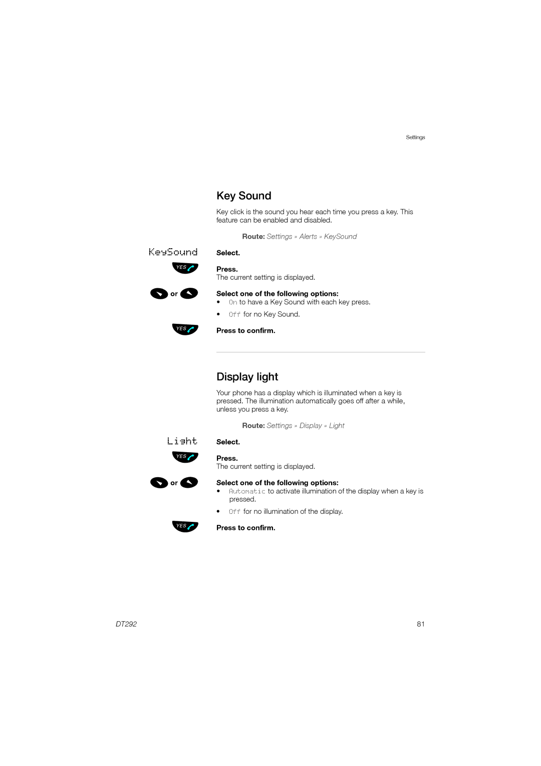 Ericsson DT292 manual Key Sound, Display light 