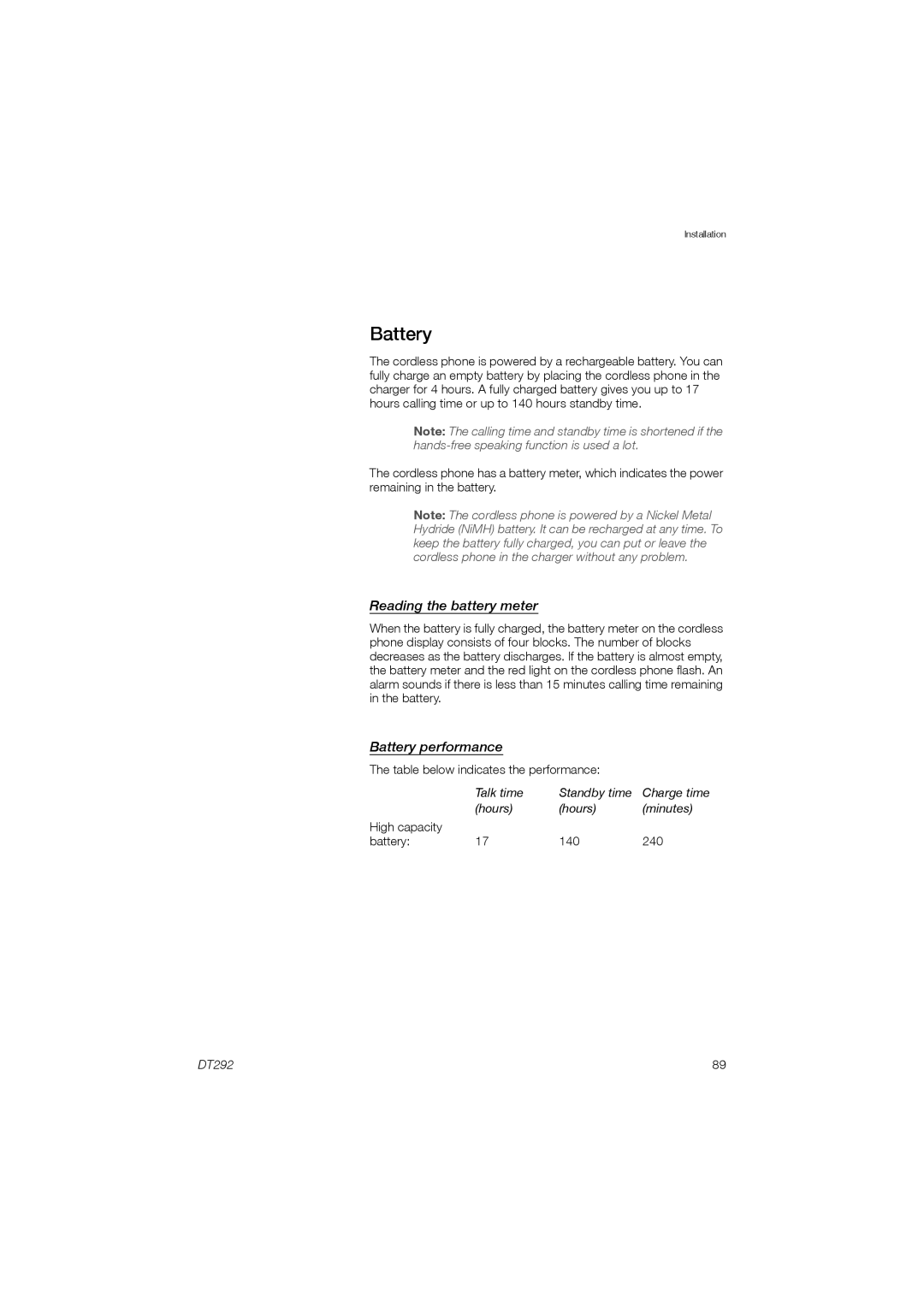 Ericsson DT292 manual Reading the battery meter, Battery performance 