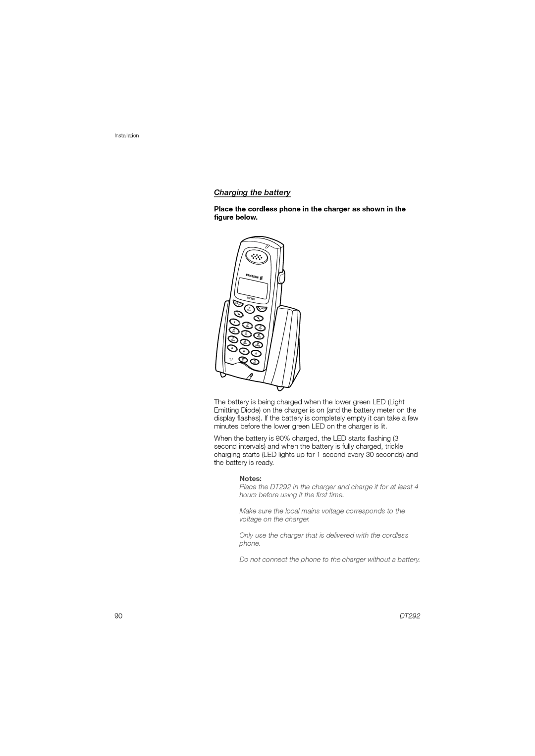 Ericsson DT292 manual Charging the battery 