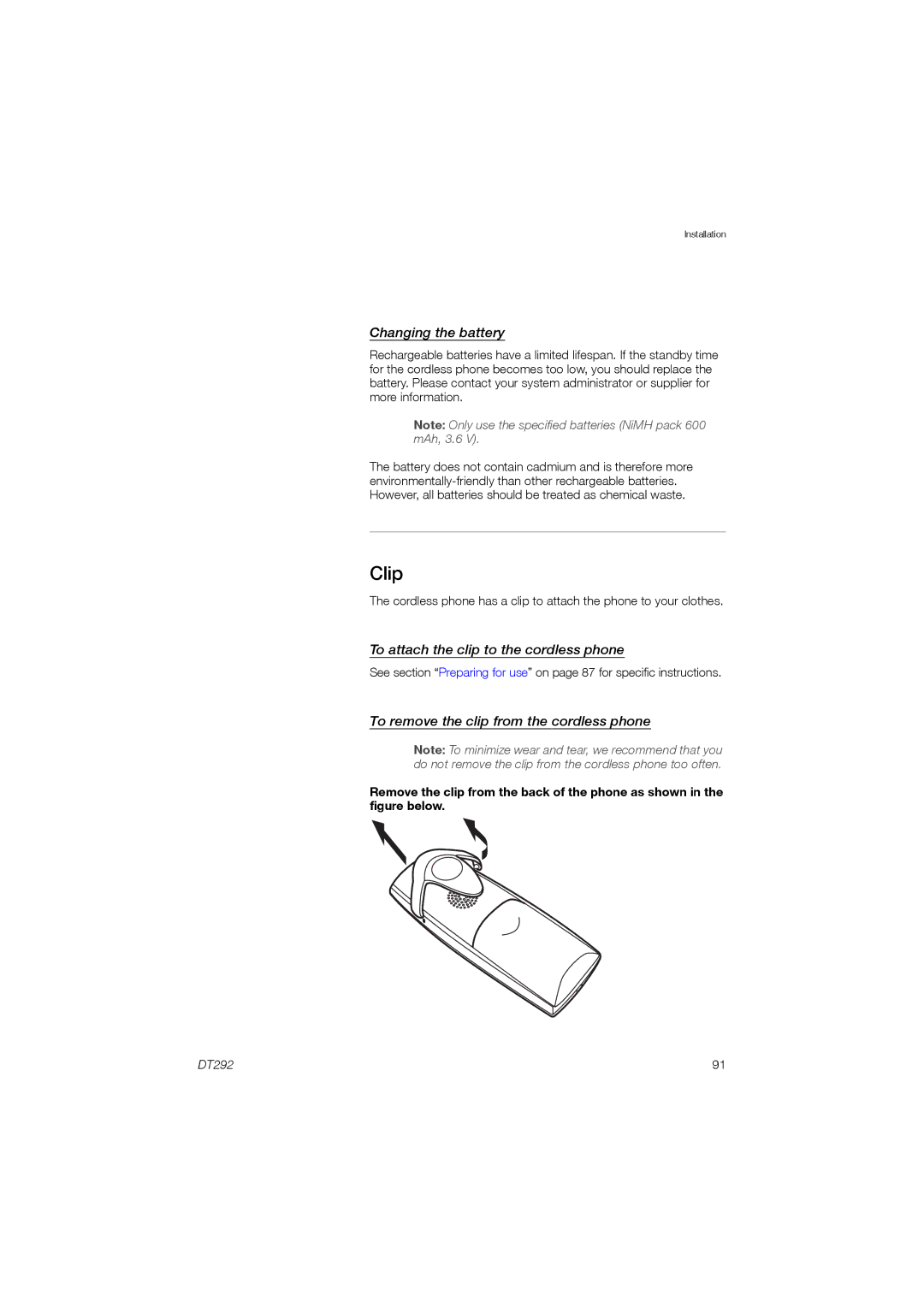 Ericsson DT292 manual Clip, Changing the battery, To attach the clip to the cordless phone 