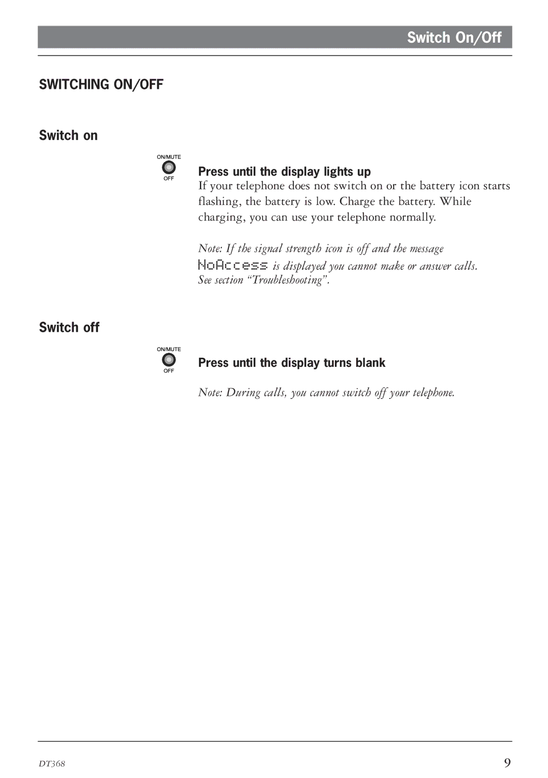 Ericsson DT368 manual Switch On/Off, Switching ON/OFF, Switch on, Switch off 