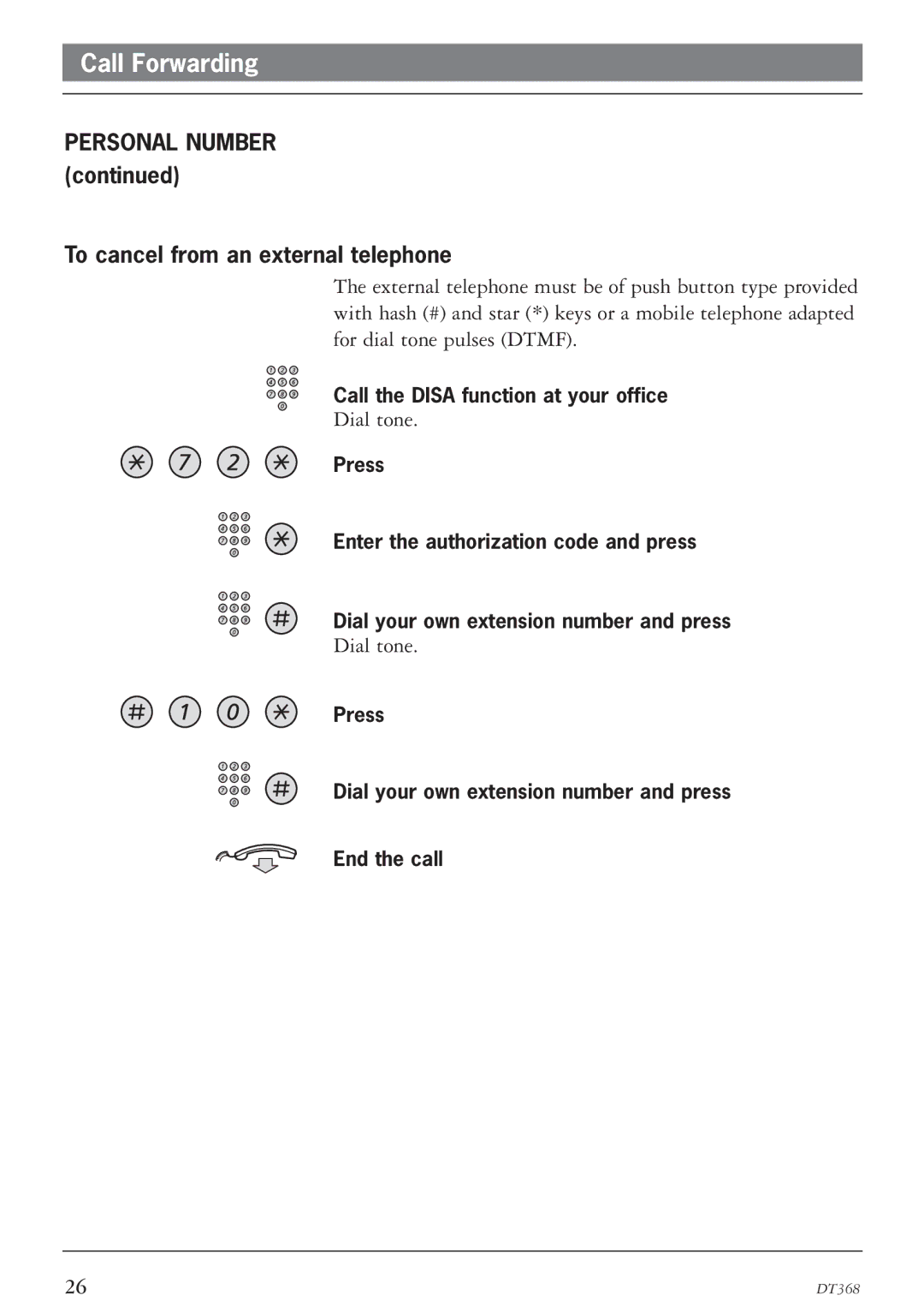 Ericsson DT368 manual Personal Number To cancel from an external telephone 