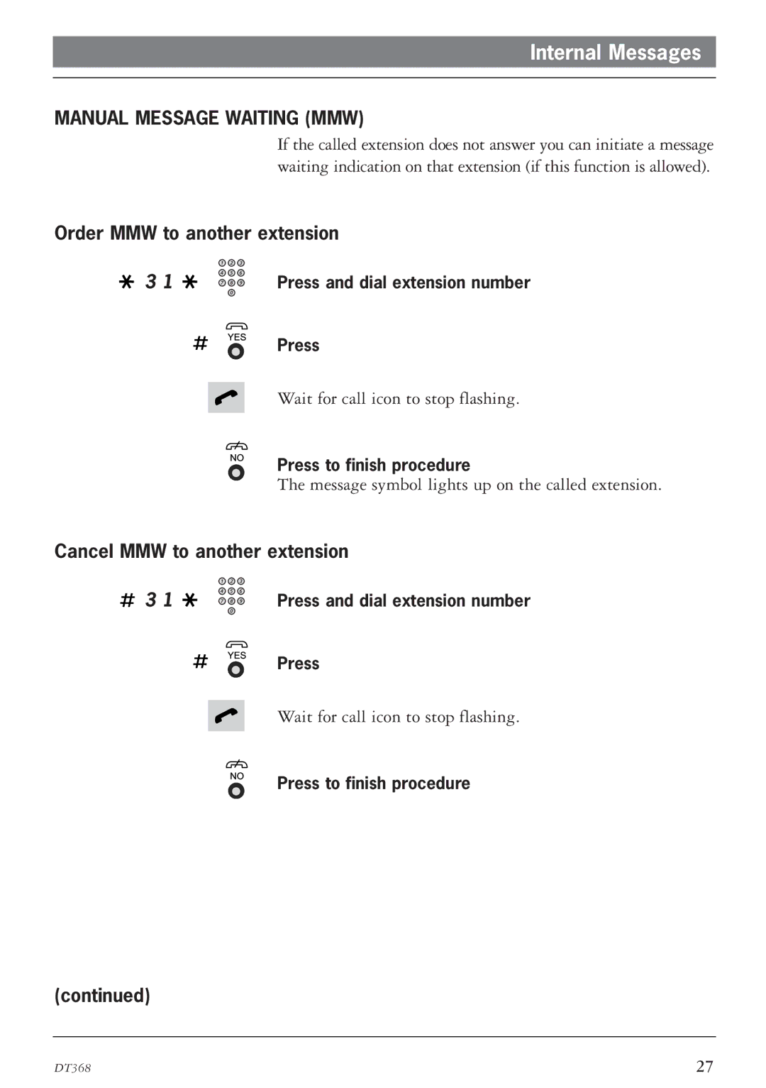 Ericsson DT368 manual Internal Messages, Manual Message Waiting MMW, Order MMW to another extension 