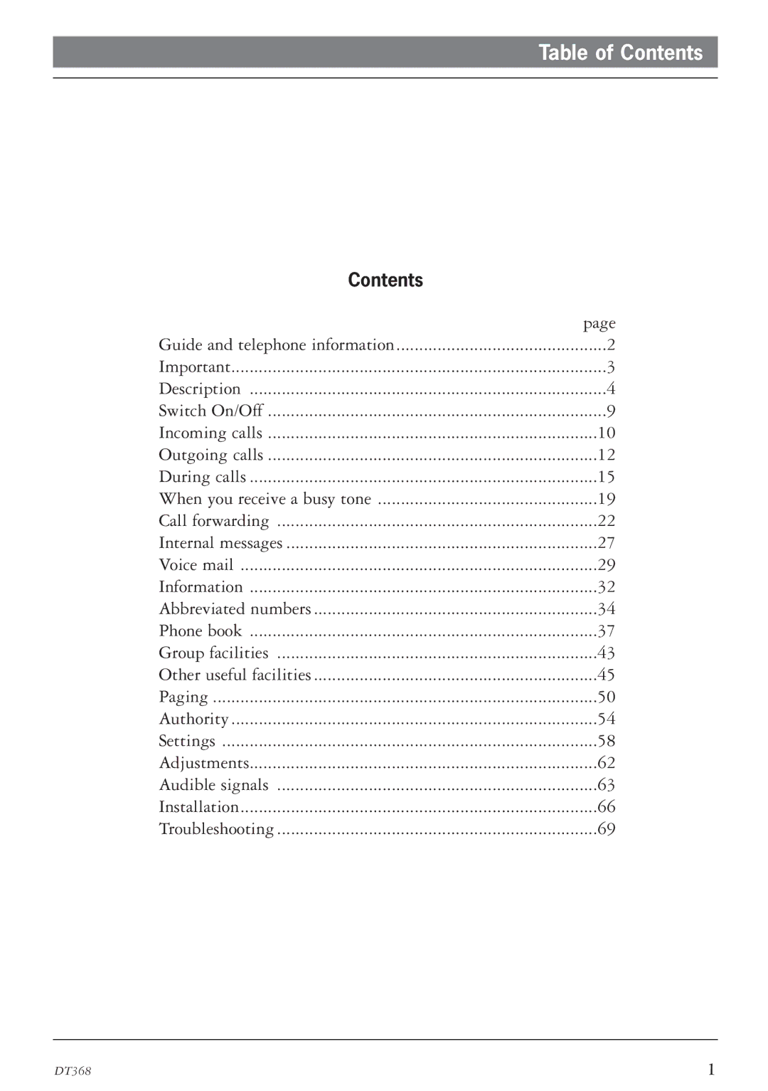 Ericsson DT368 manual Table of Contents 