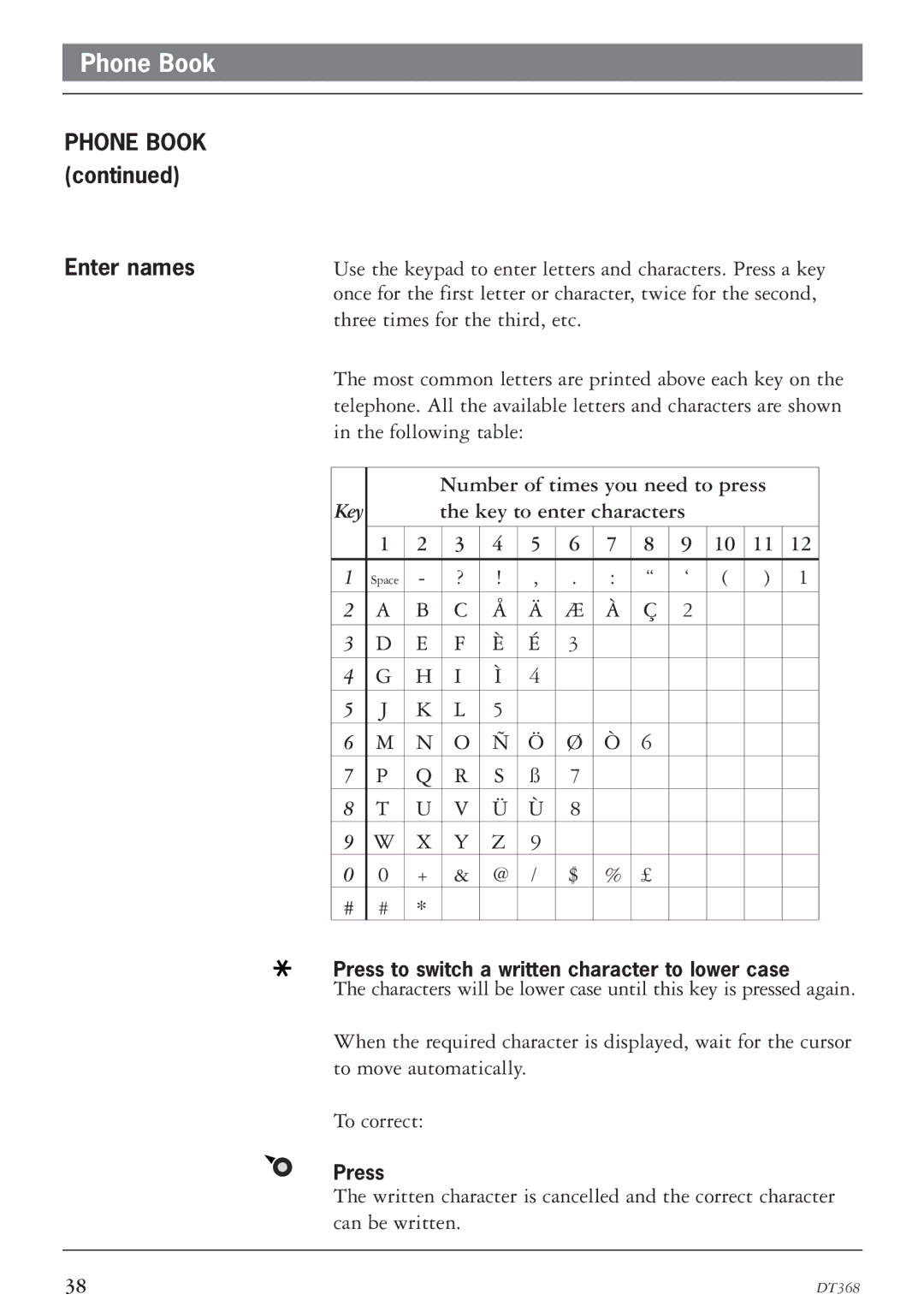 Ericsson DT368 manual Phone Book Enter names, Key to enter characters 