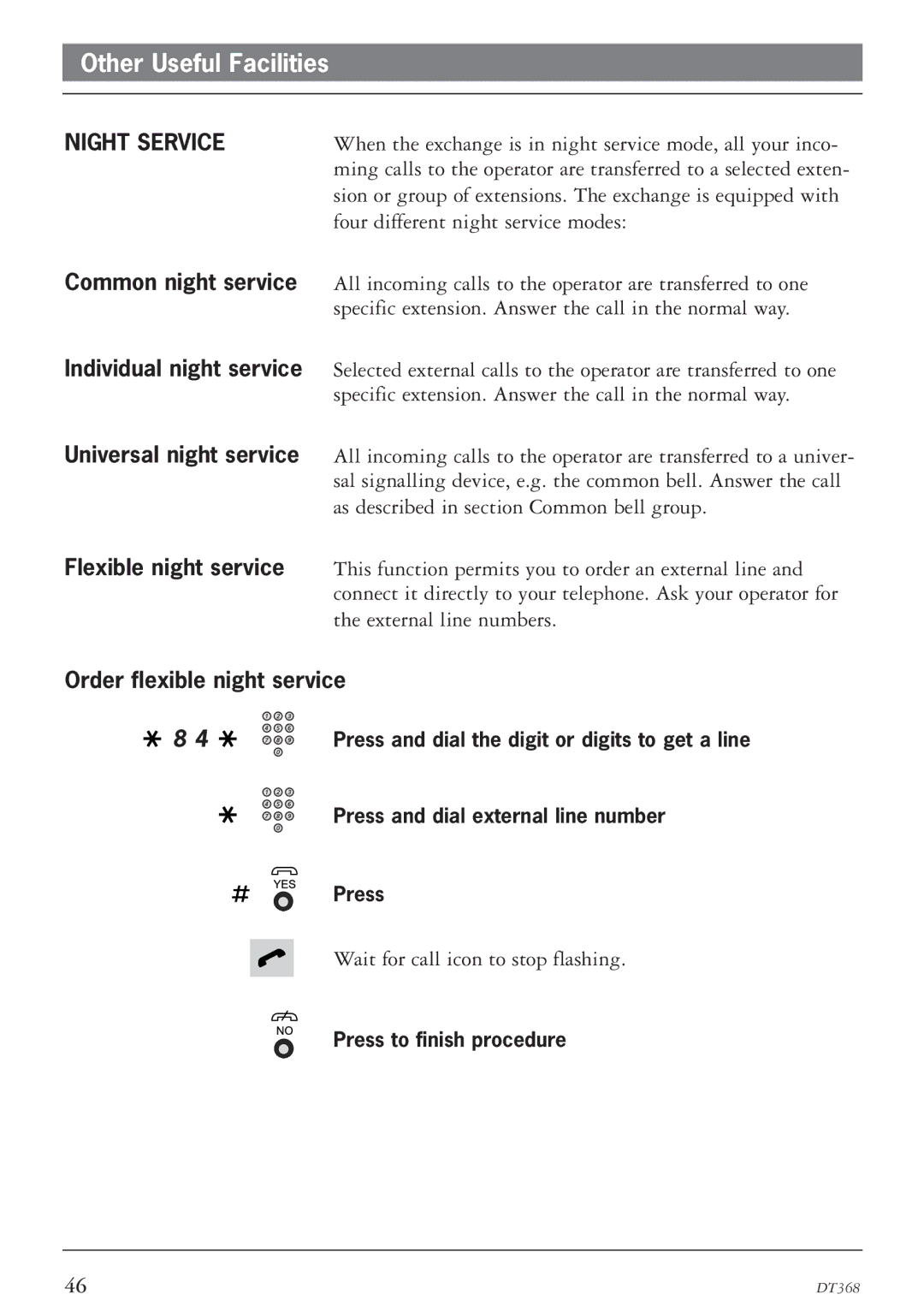 Ericsson DT368 manual Night Service 