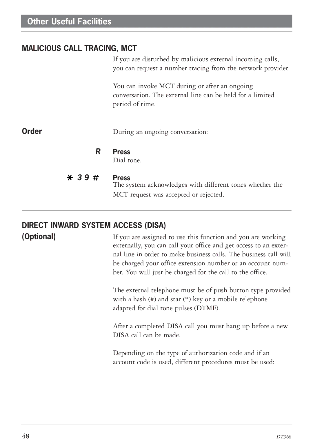 Ericsson DT368 manual Malicious Call TRACING, MCT, Direct Inward System Access Disa Optional 