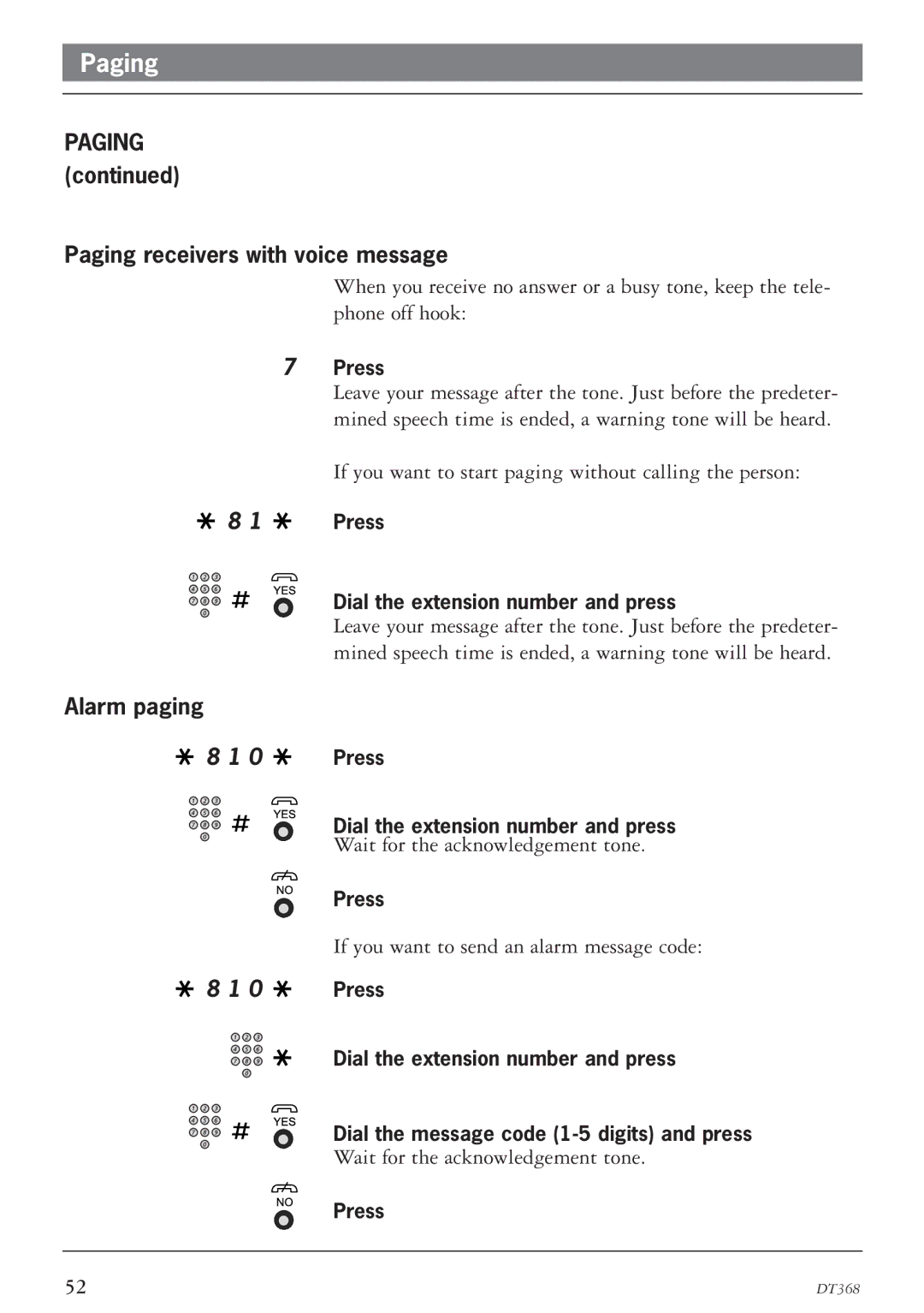 Ericsson DT368 manual Paging Paging receivers with voice message, Alarm paging 