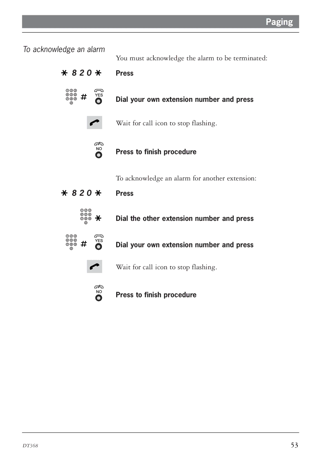 Ericsson DT368 manual To acknowledge an alarm 