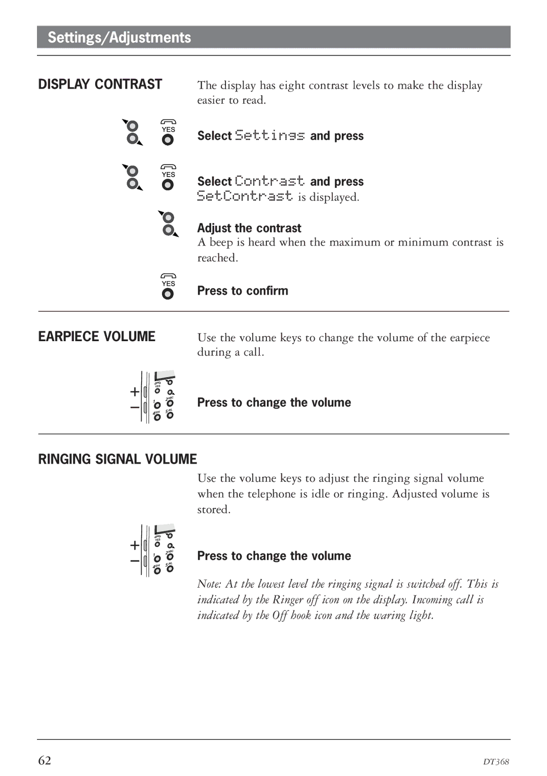 Ericsson DT368 manual Settings/Adjustments, Ringing Signal Volume 