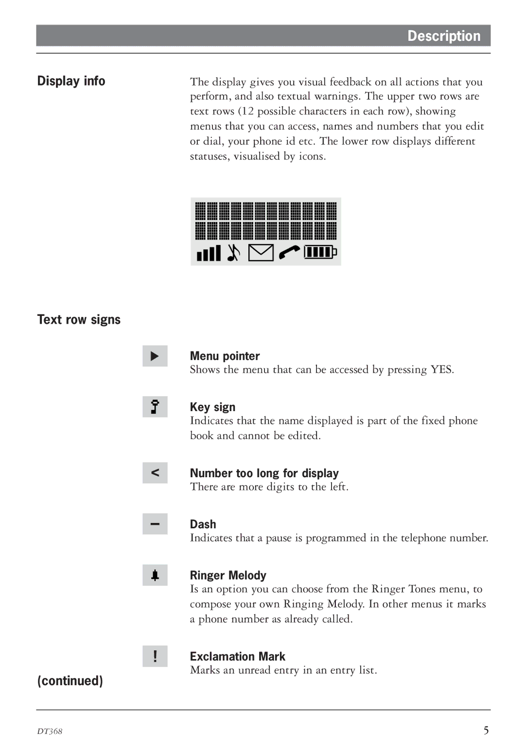 Ericsson DT368 manual Display info Text row signs 