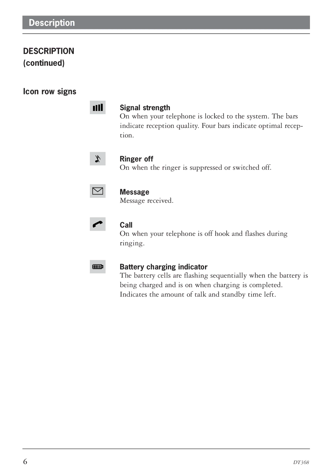 Ericsson DT368 manual Description Icon row signs 