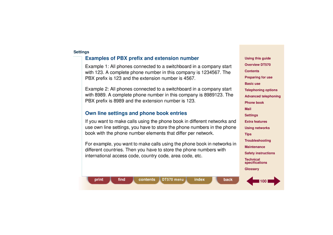 Ericsson DT570 Examples of PBX prefix and extension number, Own line settings and phone book entries 