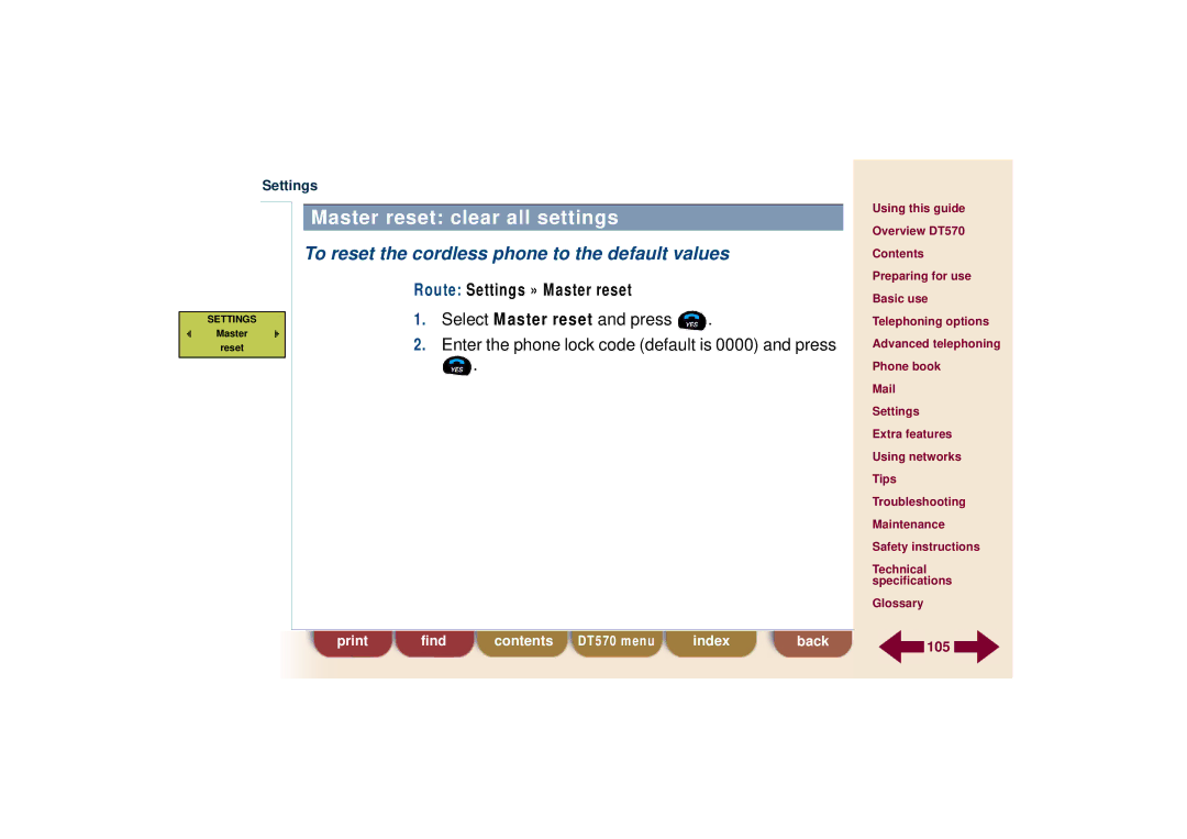 Ericsson DT570 technical specifications Master reset clear all settings, To reset the cordless phone to the default values 