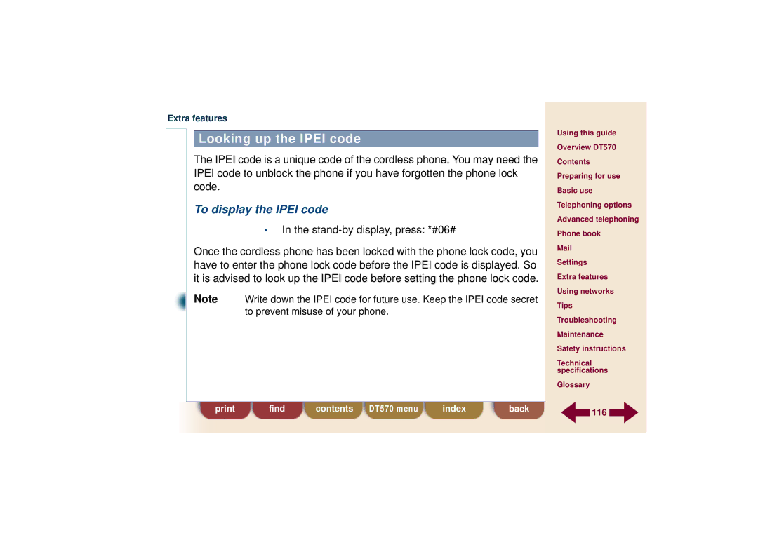 Ericsson DT570 technical specifications Looking up the Ipei code, To display the Ipei code 