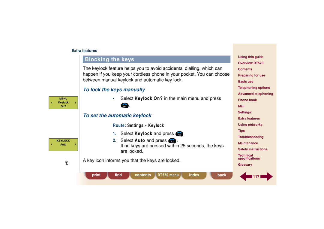 Ericsson DT570 technical specifications Blocking the keys, To lock the keys manually, To set the automatic keylock 