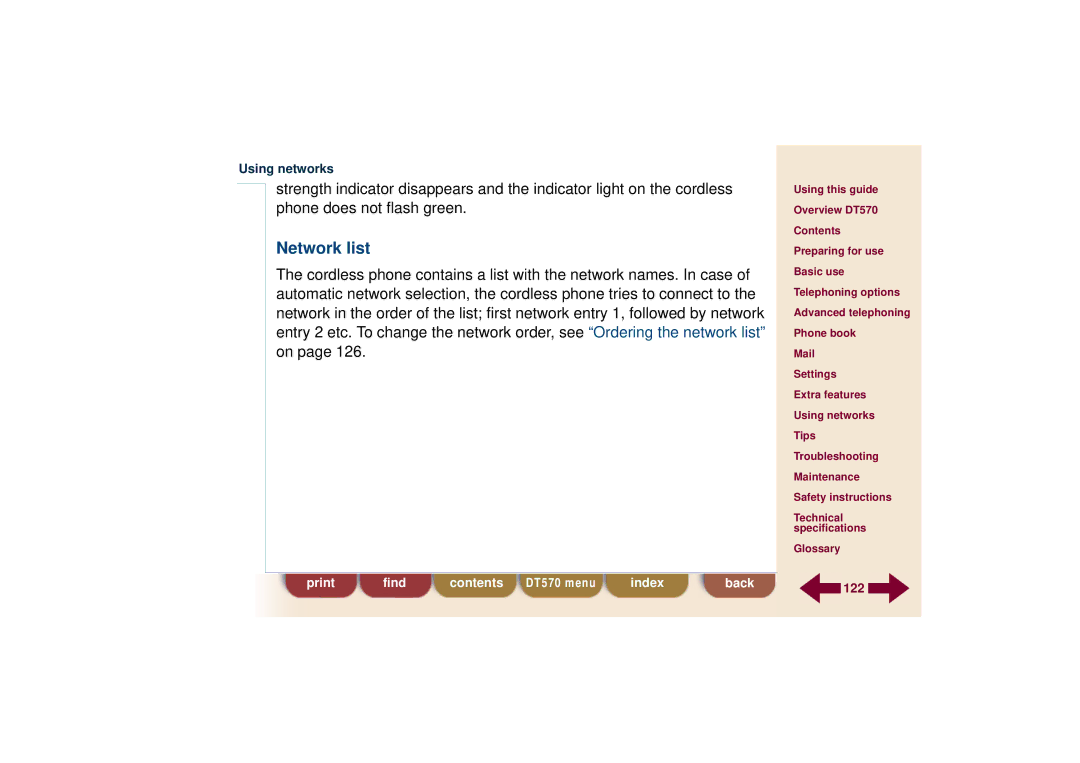 Ericsson DT570 technical specifications Network list 