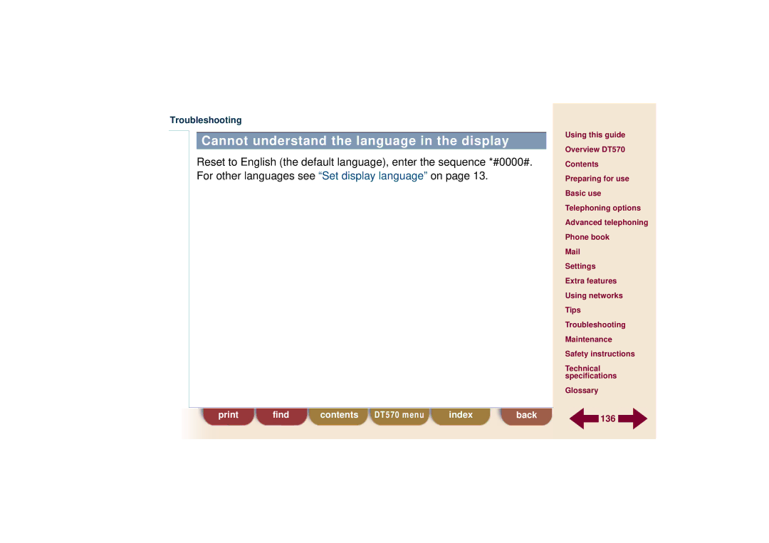 Ericsson DT570 technical specifications Cannot understand the language in the display 