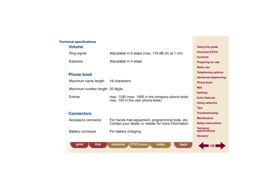 Ericsson DT570 technical specifications Volume, Phone book, Connectors 