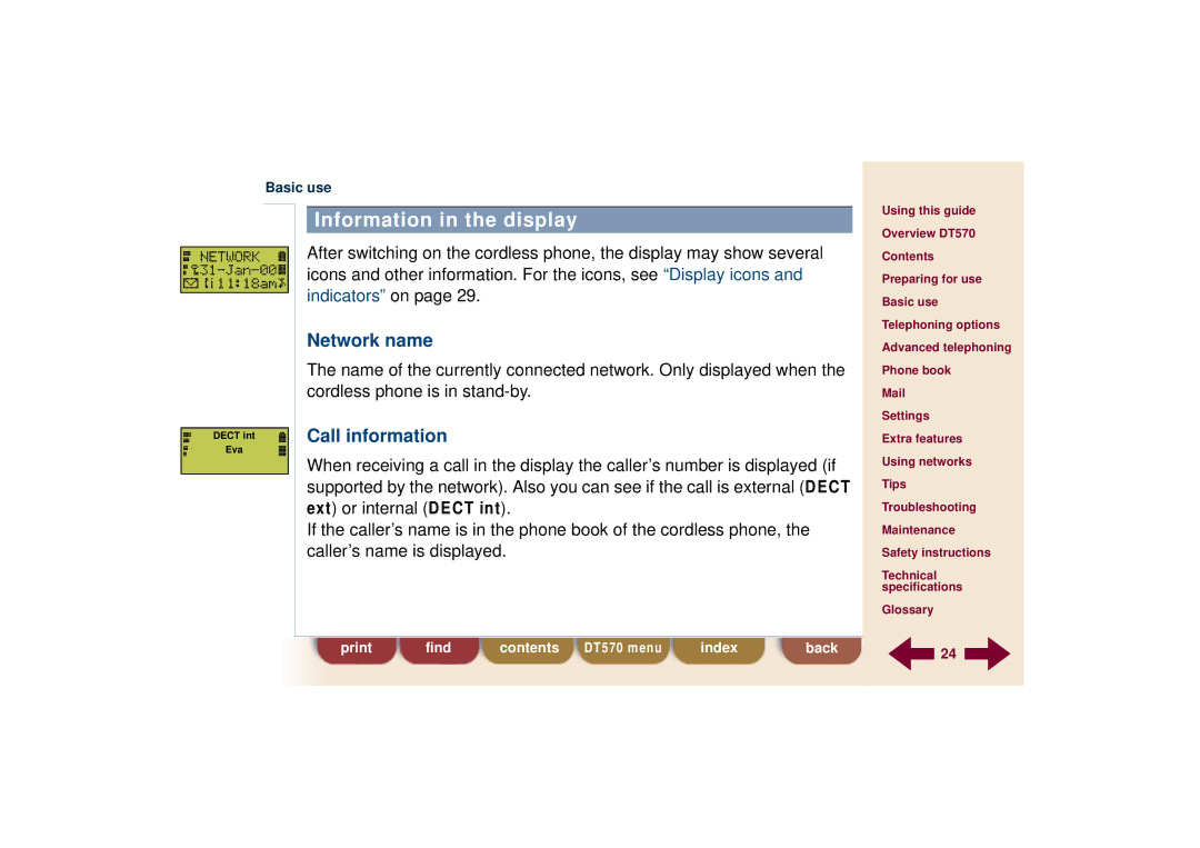 Ericsson DT570 technical specifications Information in the display, Network name, Call information 