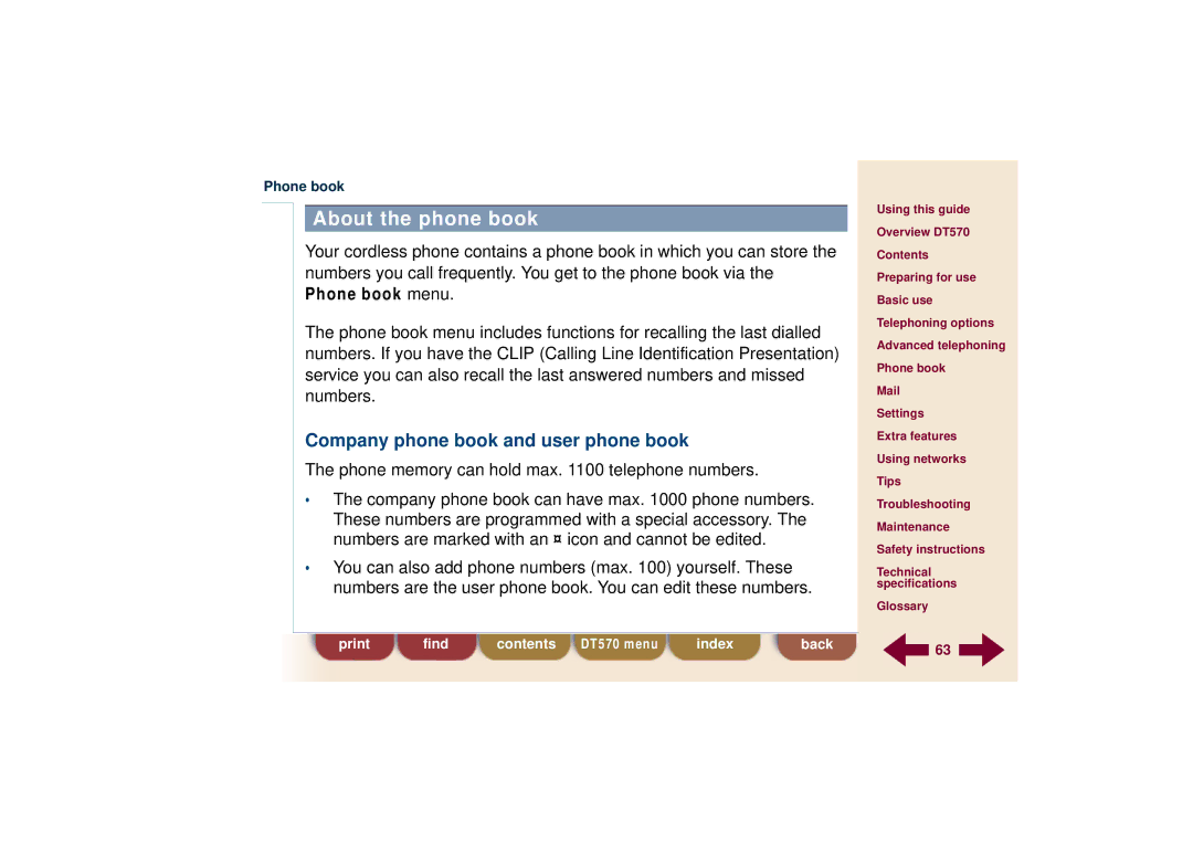 Ericsson DT570 technical specifications About the phone book, Company phone book and user phone book 