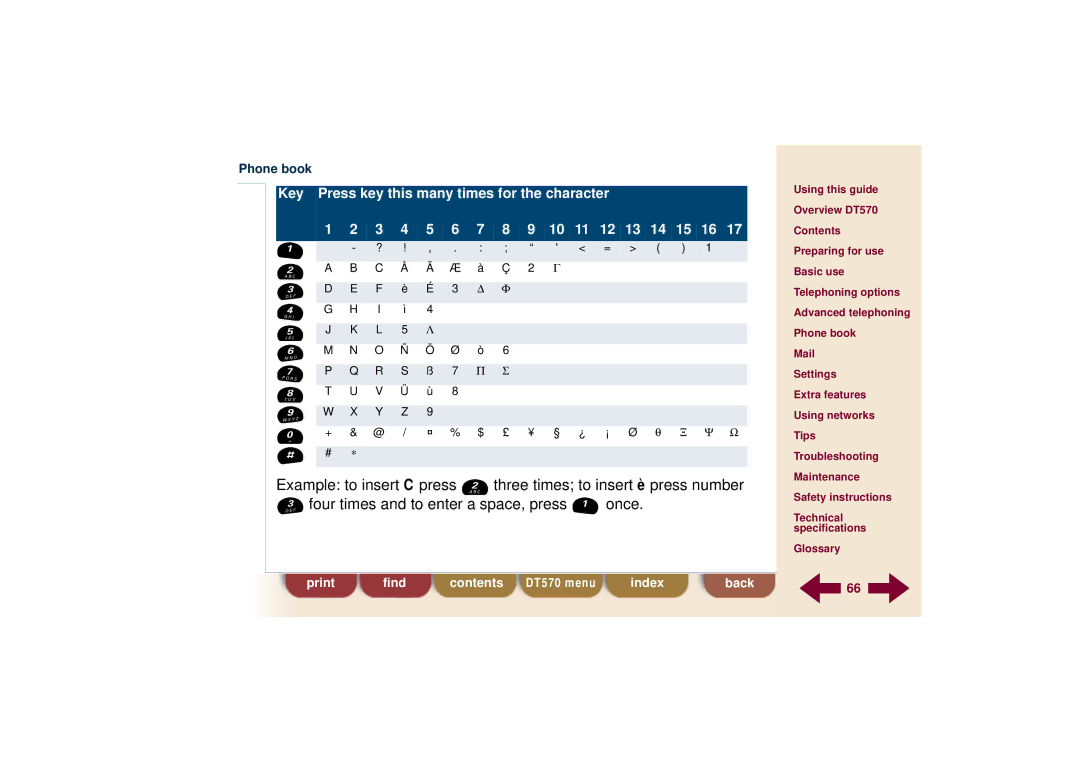 Ericsson DT570 technical specifications Key Press key this many times for the character 