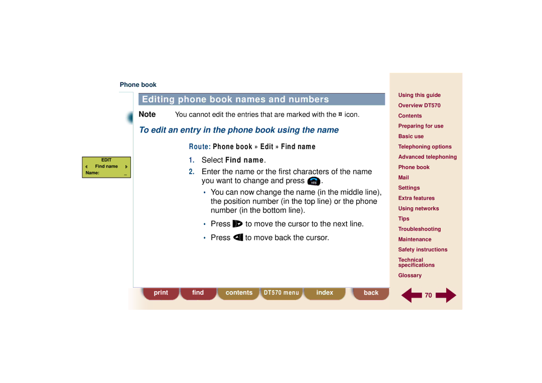 Ericsson DT570 Editing phone book names and numbers, To edit an entry in the phone book using the name 