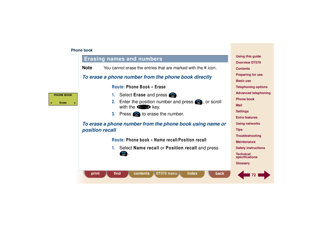 Ericsson DT570 technical specifications Erasing names and numbers, To erase a phone number from the phone book directly 