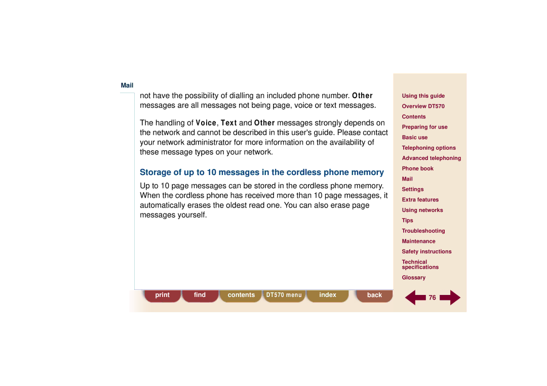 Ericsson DT570 technical specifications Storage of up to 10 messages in the cordless phone memory 