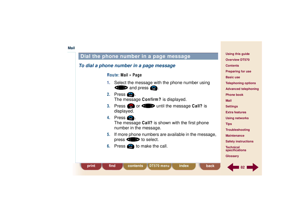 Ericsson DT570 technical specifications Dial the phone number in a page message, To dial a phone number in a page message 