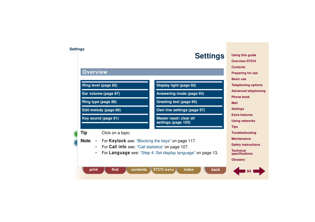 Ericsson DT570 technical specifications Settings, For Language see Set display languageon 